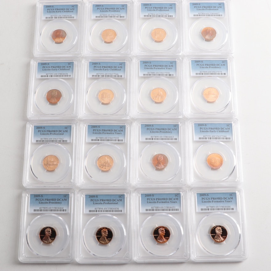 Sixteen Encapsulated PCGS Graded 2009 S Proof Commemorative Lincoln Cents