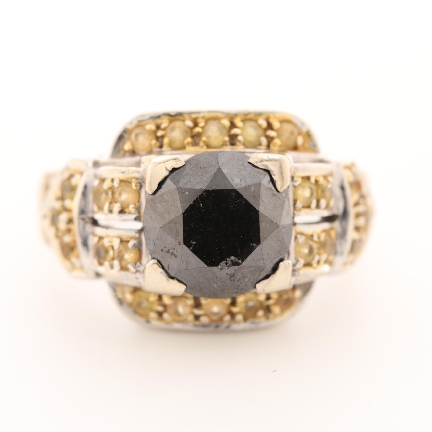 14K White Gold 3.75 CT Black Diamond and Yellow Sapphire Ring