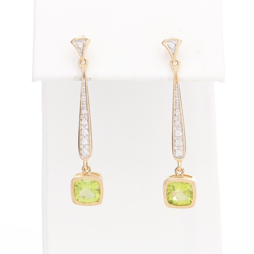 14K Yellow Gold Peridot and Diamond Earrings