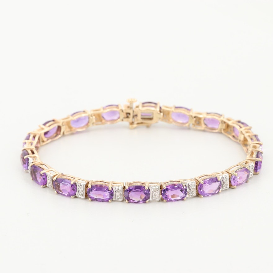 10K Yellow Gold Amethyst and Diamond Line Bracelet