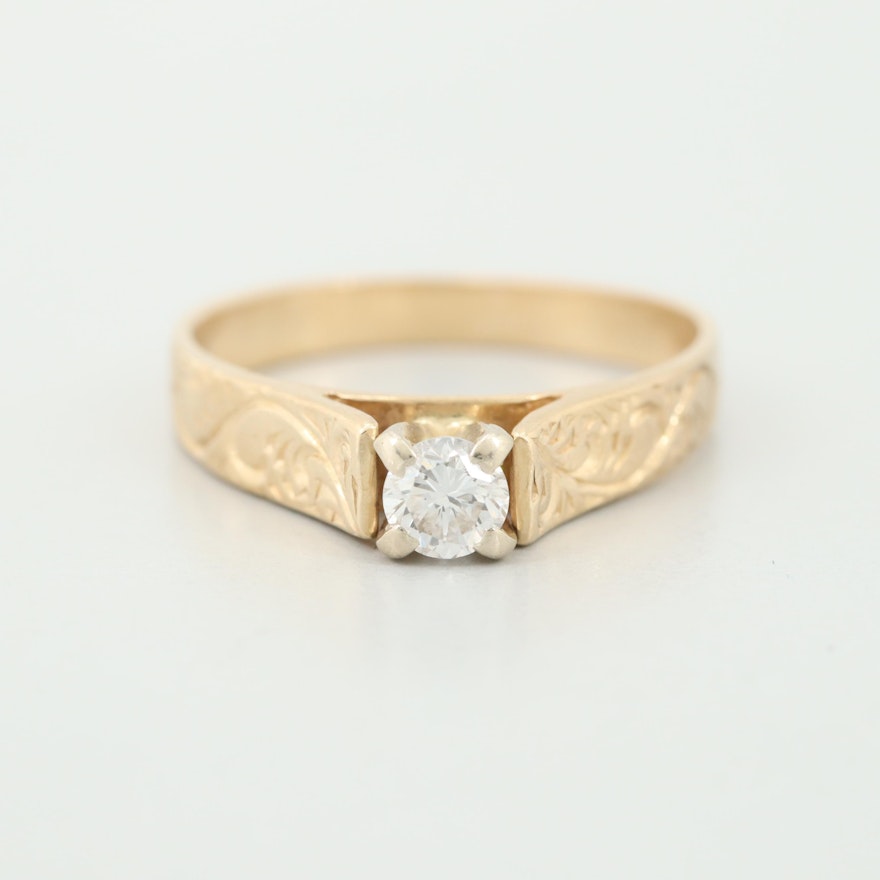 14K Yellow Gold Diamond Solitaire Ring with Scroll Motif