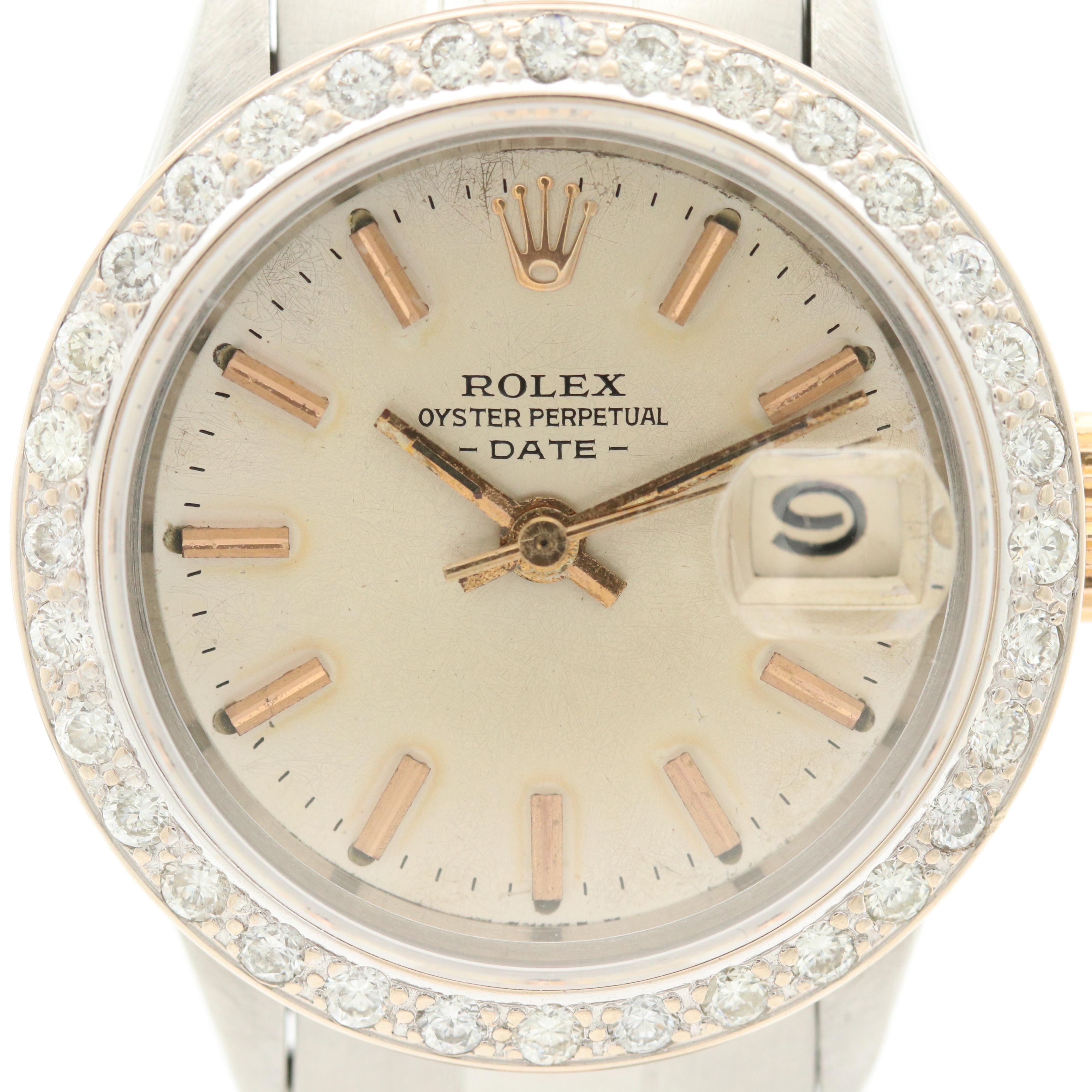 Vintage Rolex Date 18K Rose Gold and Stainless Steel Diamond Bezel Watch, 1969