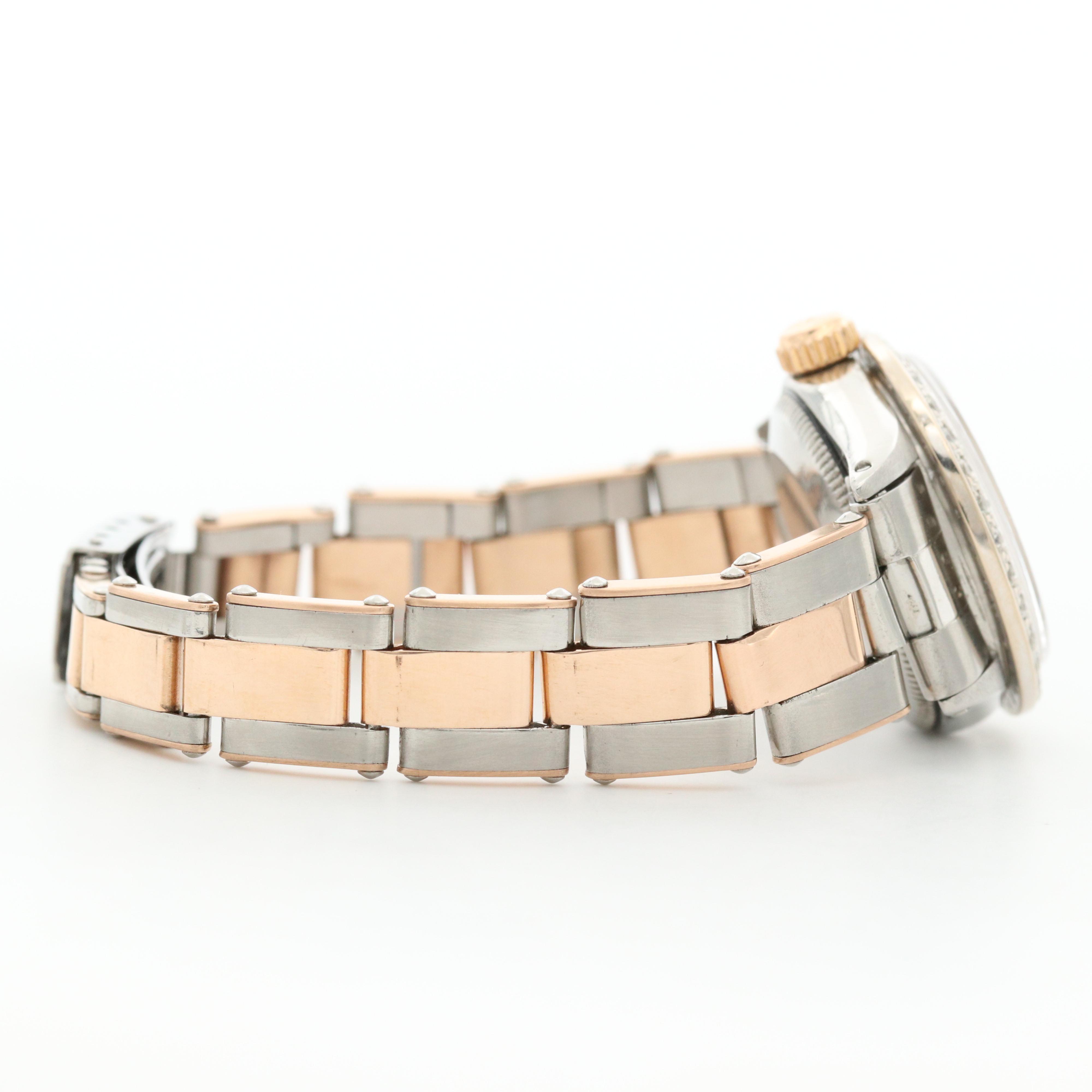 Vintage Rolex Date 18K Rose Gold and Stainless Steel Diamond Bezel Watch, 1969