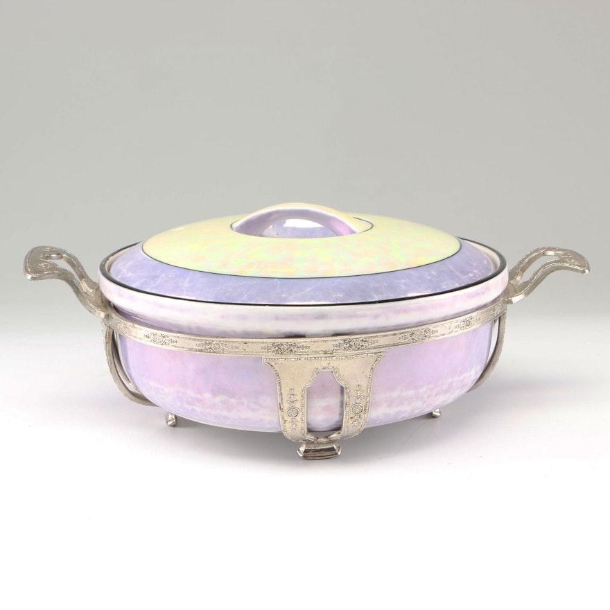 Fraunfelter Lusterware Covered Casserole Dish on Royal Rochester  Metal Stand