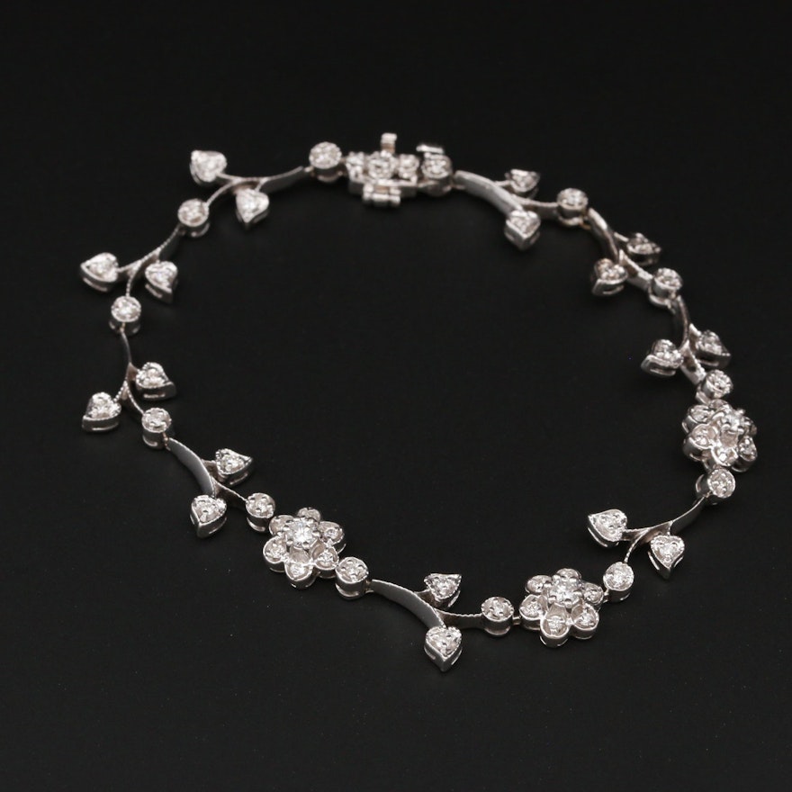 14K White Gold Diamond Floral Motif Bracelet