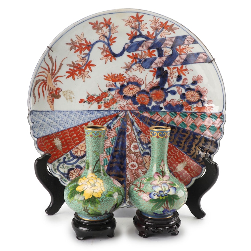 Japanese Meiji Porcelain Imari Plate with Chinese Cloisonné Vases