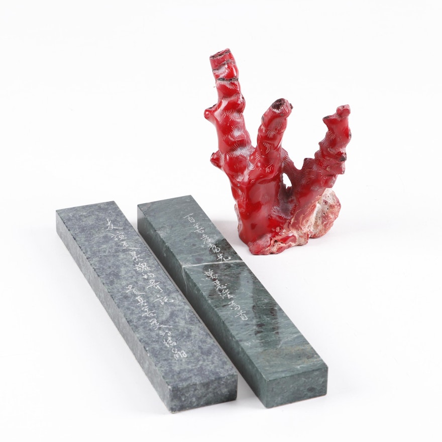 Chinese Inscribed Stone Scroll Weights and Cinnabar Coral Sculpture