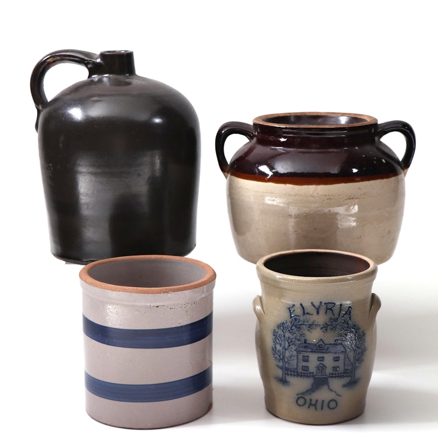 Stoneware Jug, Bean Pot and Crocks Featuring Maple City and Ransbottom