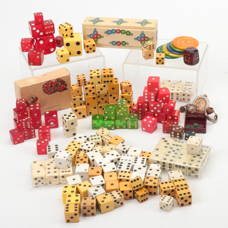 Plastic, Bone, and Bakelite Dice and Other Game Pieces Including Crisloid