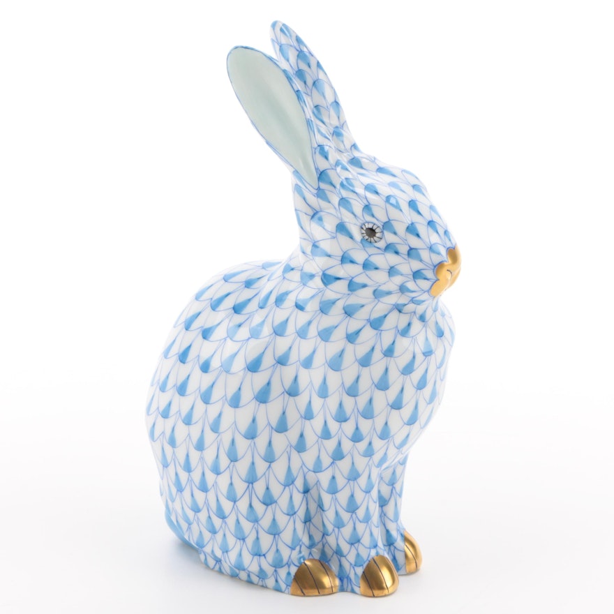 Herend Blue Fishnet with Gold "Rabbit" Porcelain Figurine, March 2000