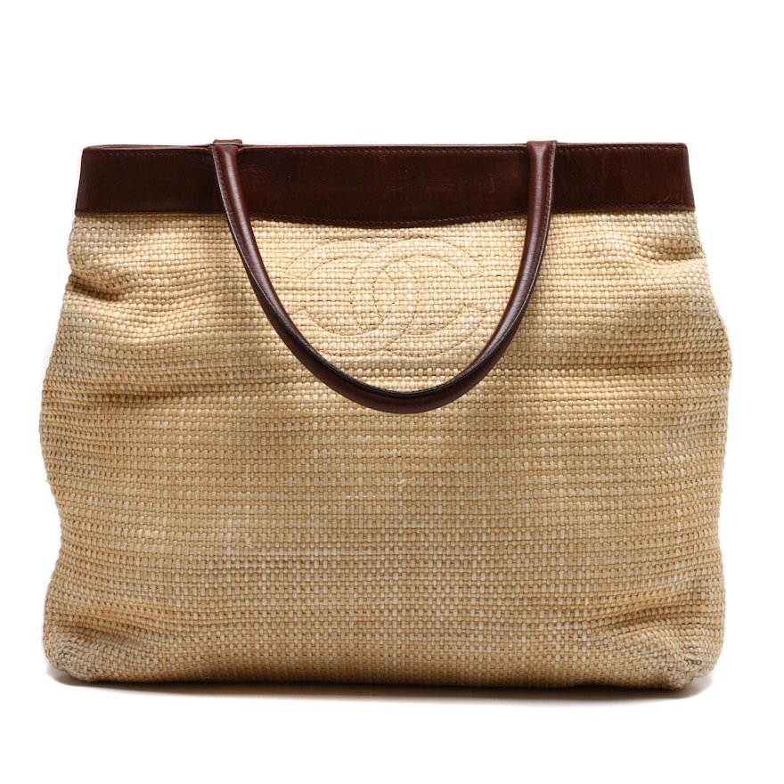 Chanel Woven Straw and Brown Leather CC Tote