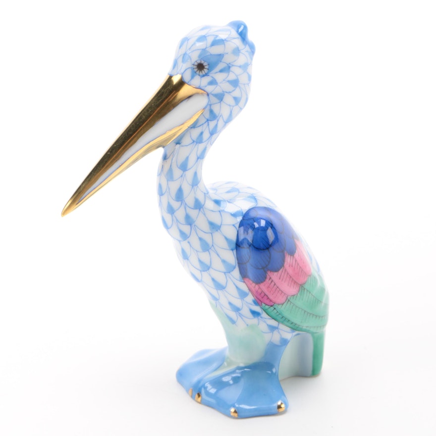 Herend Blue Fishnet with Gold "Pelican" Porcelain Figurine