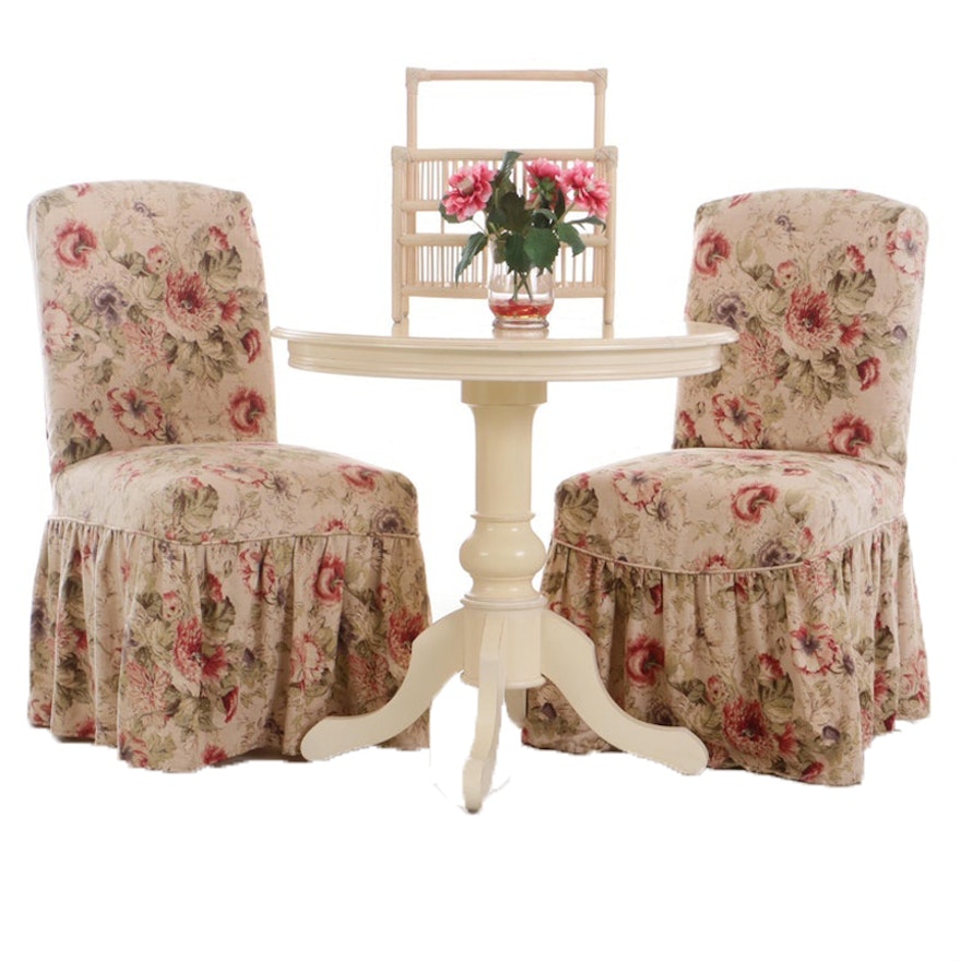 Arhaus Painted Slip-Covered Chairs, Table, Magazine Carrier, Floral Arrangement