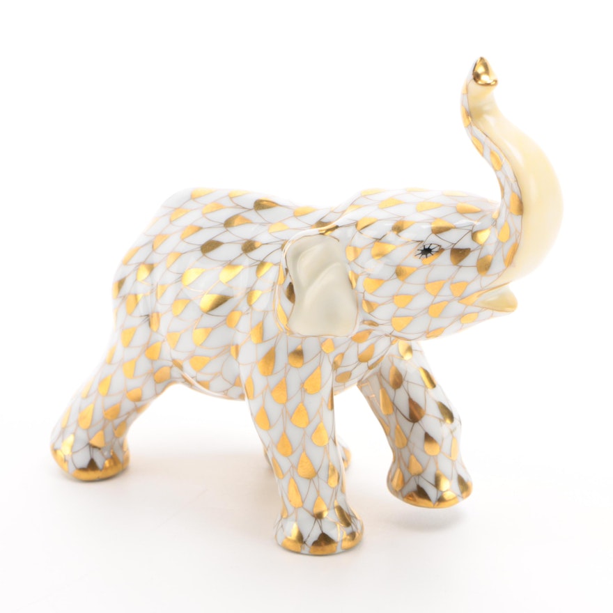 Herend Guild Gold Fishnet "Small Asian Elephant" Porcelain Figurine, June 2001