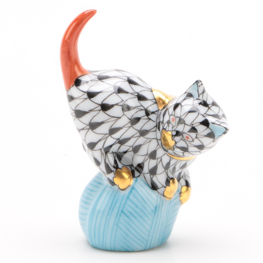 Herend Black Fishnet with Terracotta "Mischievous Cat" Porcelain Figurine