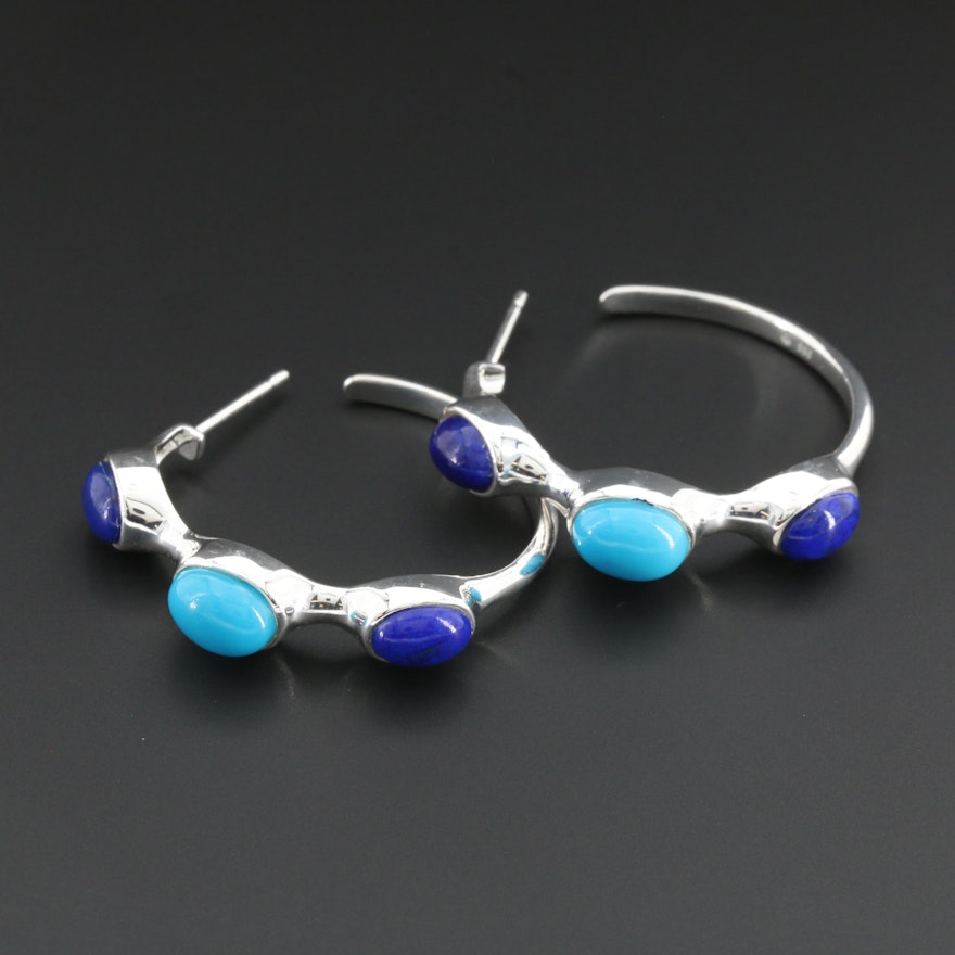 Fine Silver Turquoise and Lapis Lazuli Hoop Style Earrings