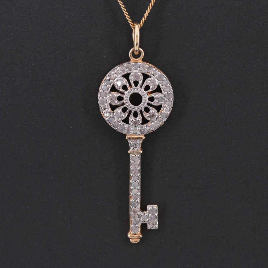 Gold Tone Diamond Key Pendant Necklace