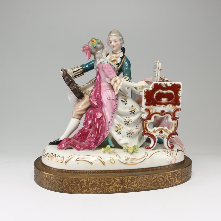 Hand-Painted Porcelain Tableau of 18th Century Couple on Embossed Brass Base