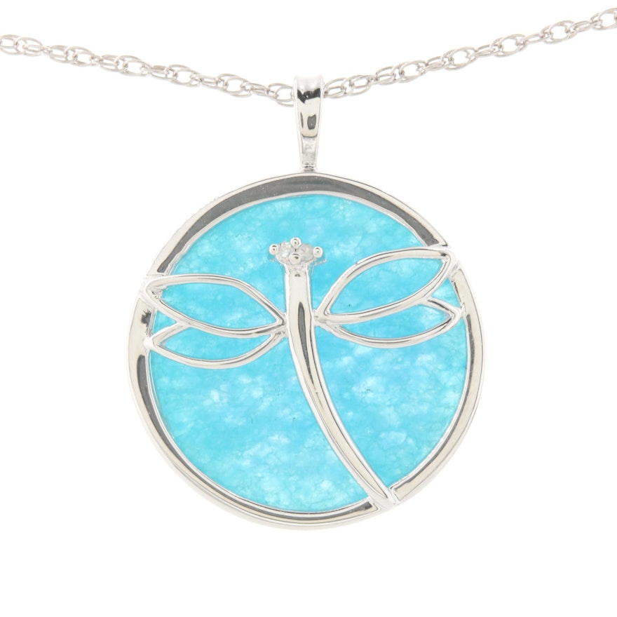 Sterling Silver Quartz Pendant Necklace with Diamond Accented Dragonfly Motif