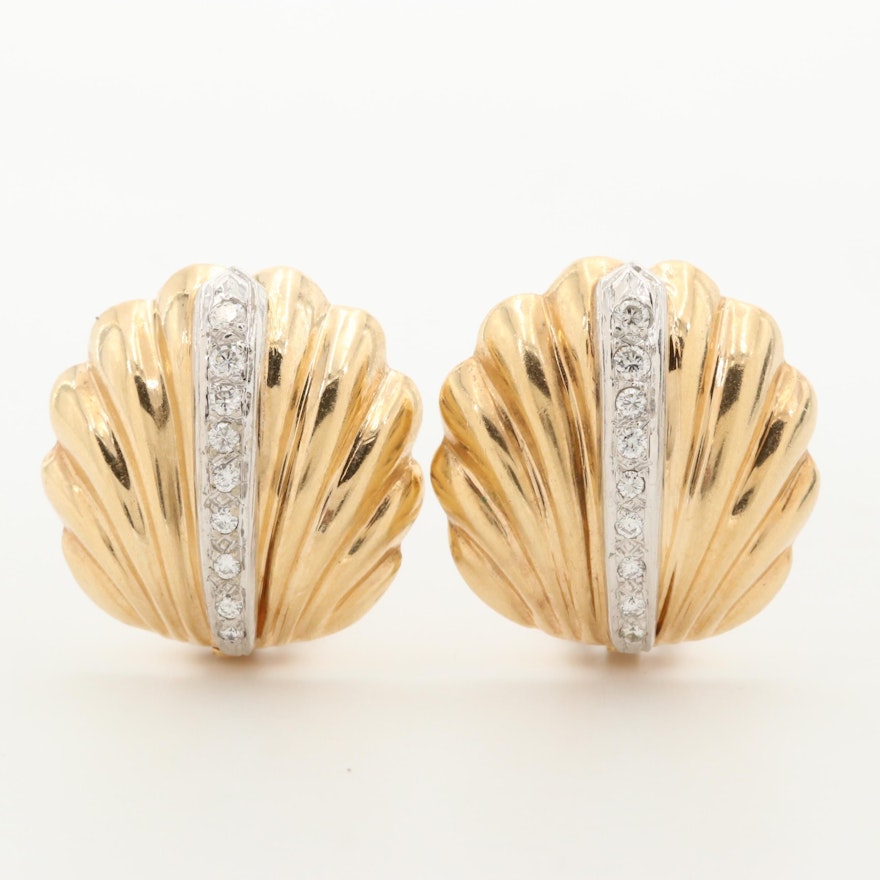 14K Yellow Gold Diamond Scallop Earrings