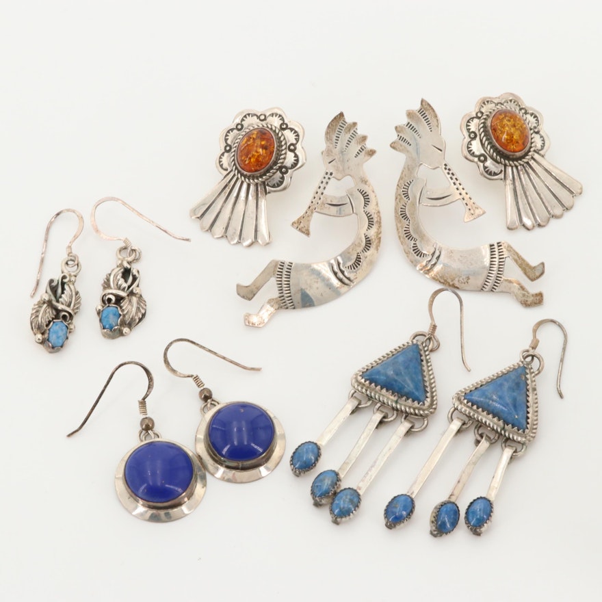 Southwestern Style Sterling Earrings Featuring Kokopelli, Lapis Lazuli and Amber