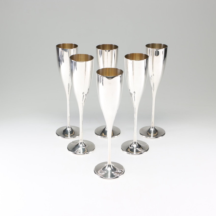 Set of Six Buccellati Sterling Silver Champagne Flutes with Vermeil Interior