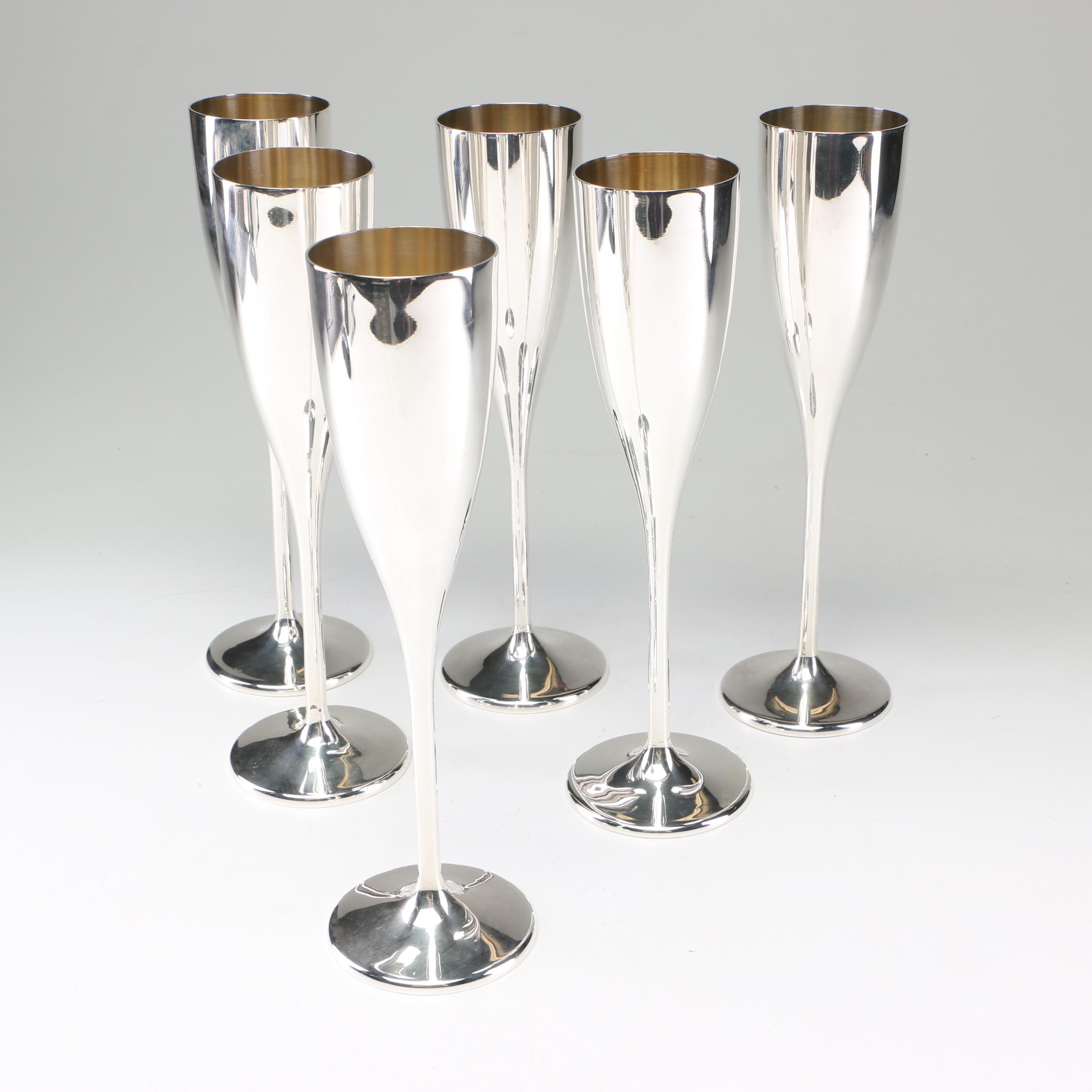 Set of Six Buccellati Sterling Silver Champagne Flutes with Vermeil Interior