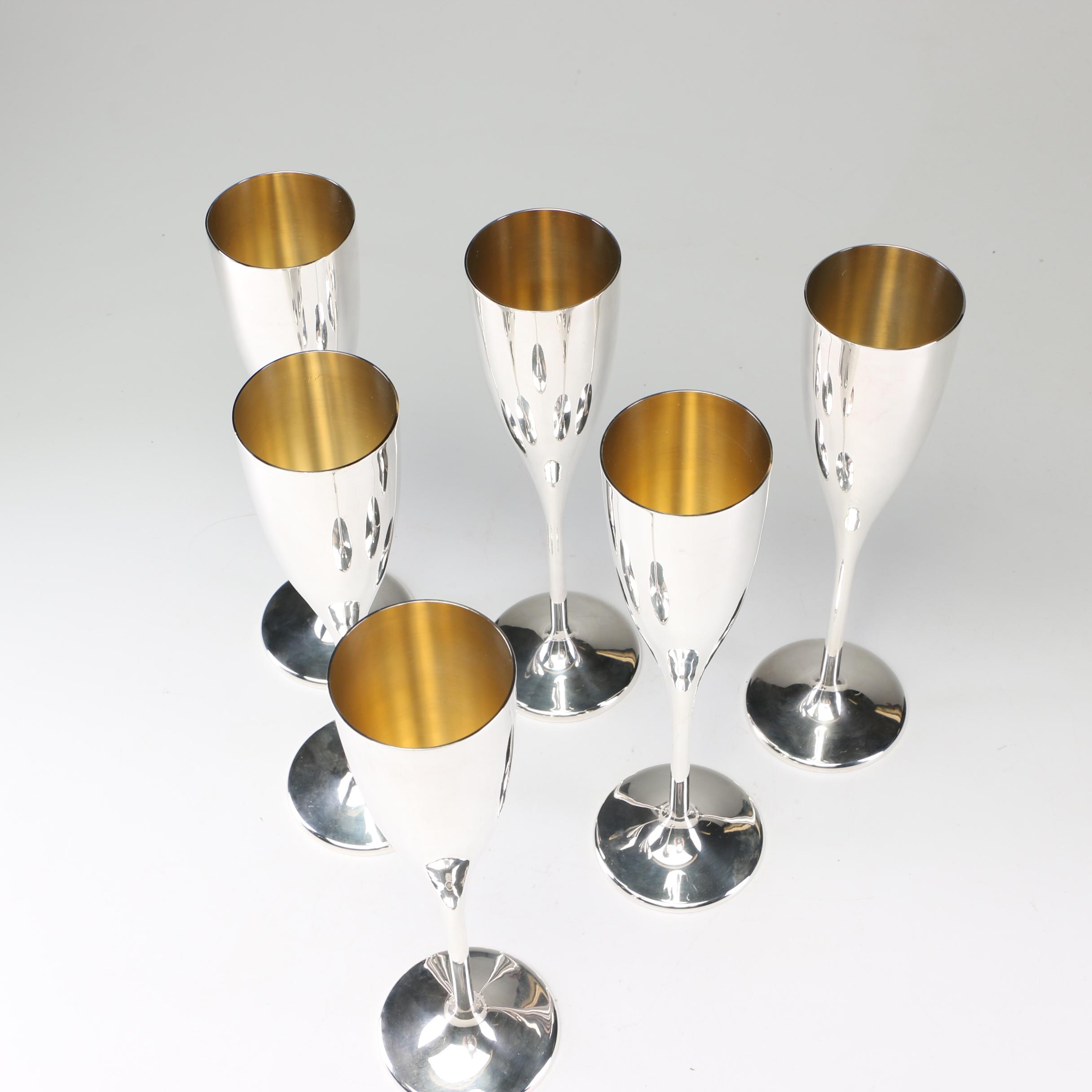 Set of Six Buccellati Sterling Silver Champagne Flutes with Vermeil Interior