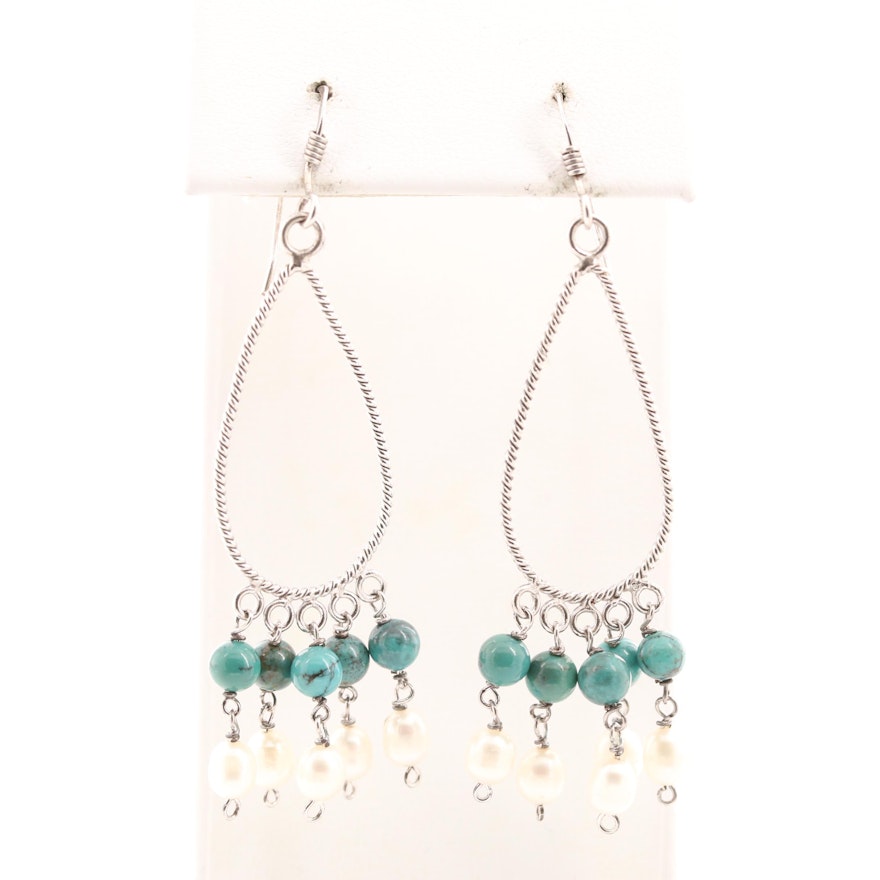 Sterling Silver Turquoise and Cultured Pearl Drop Style Earrings