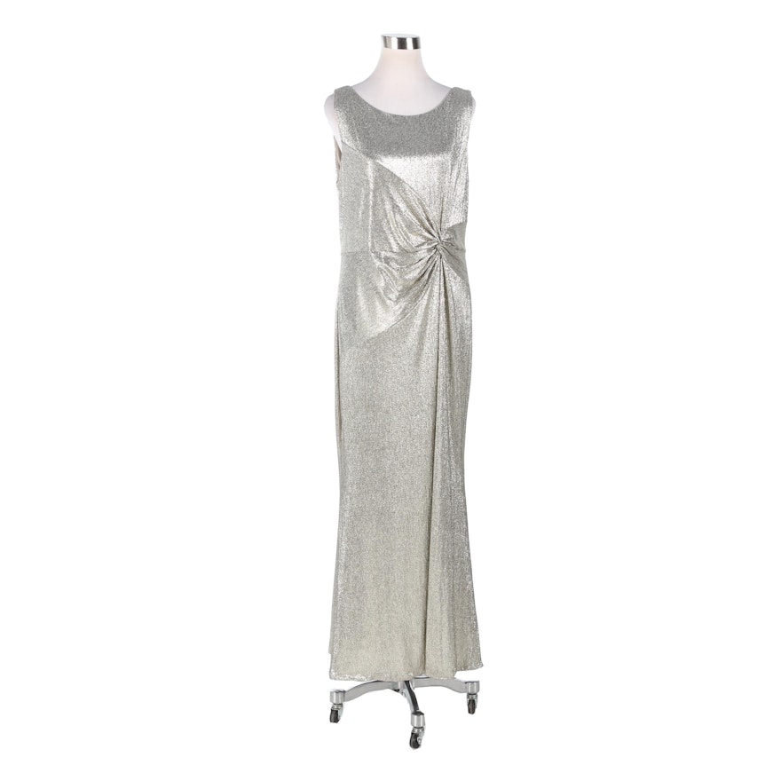 Calvin Klein Silver Metallic Sleeveless Gown with Gathered Twist Detail