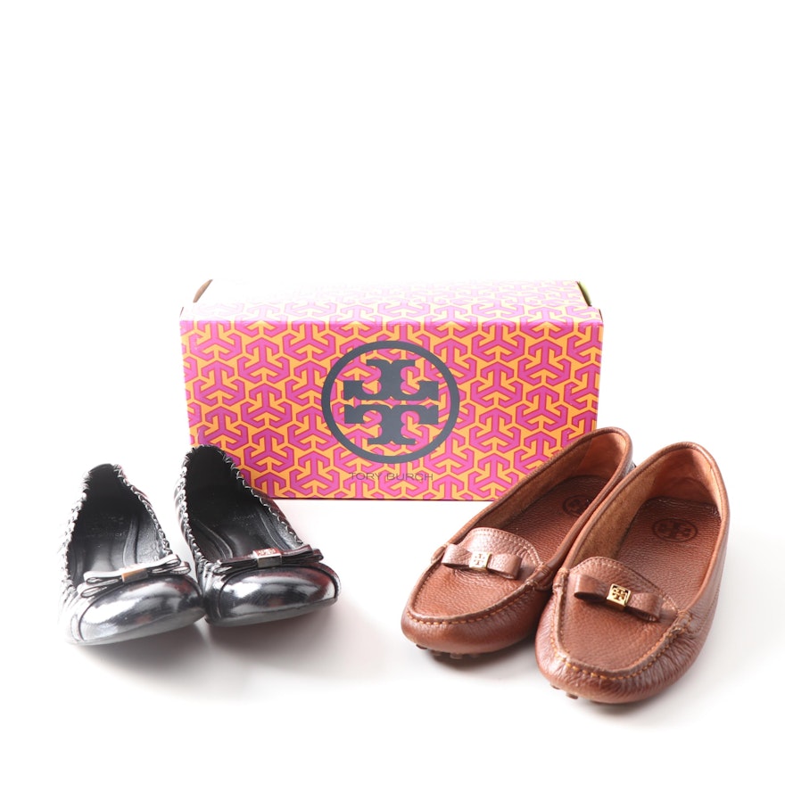 Tory Burch Romy Black Leather Ballet Flats Brown Pebbled Leather Driving Shoes