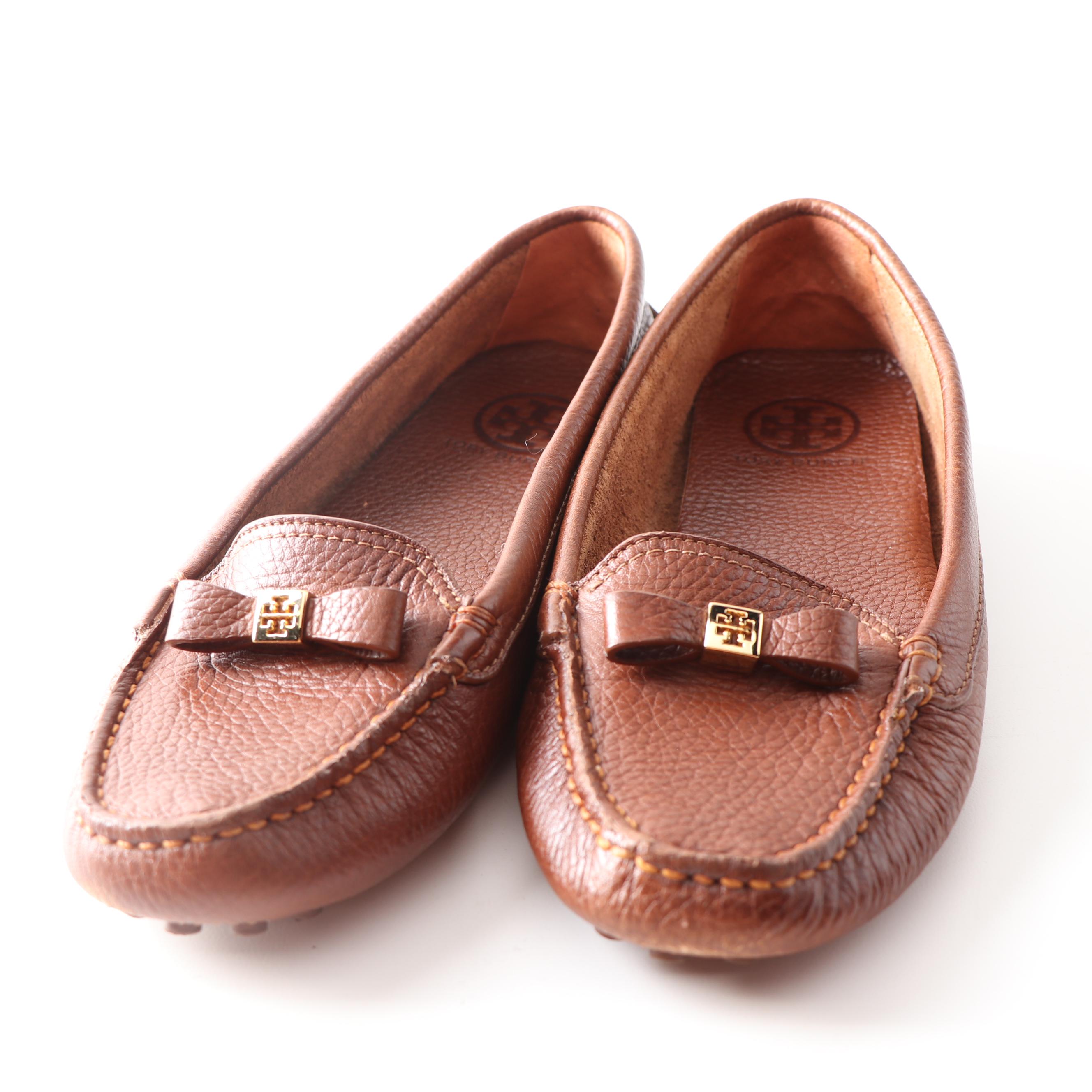 Tory Burch Romy Black Leather Ballet Flats Brown Pebbled Leather Driving Shoes