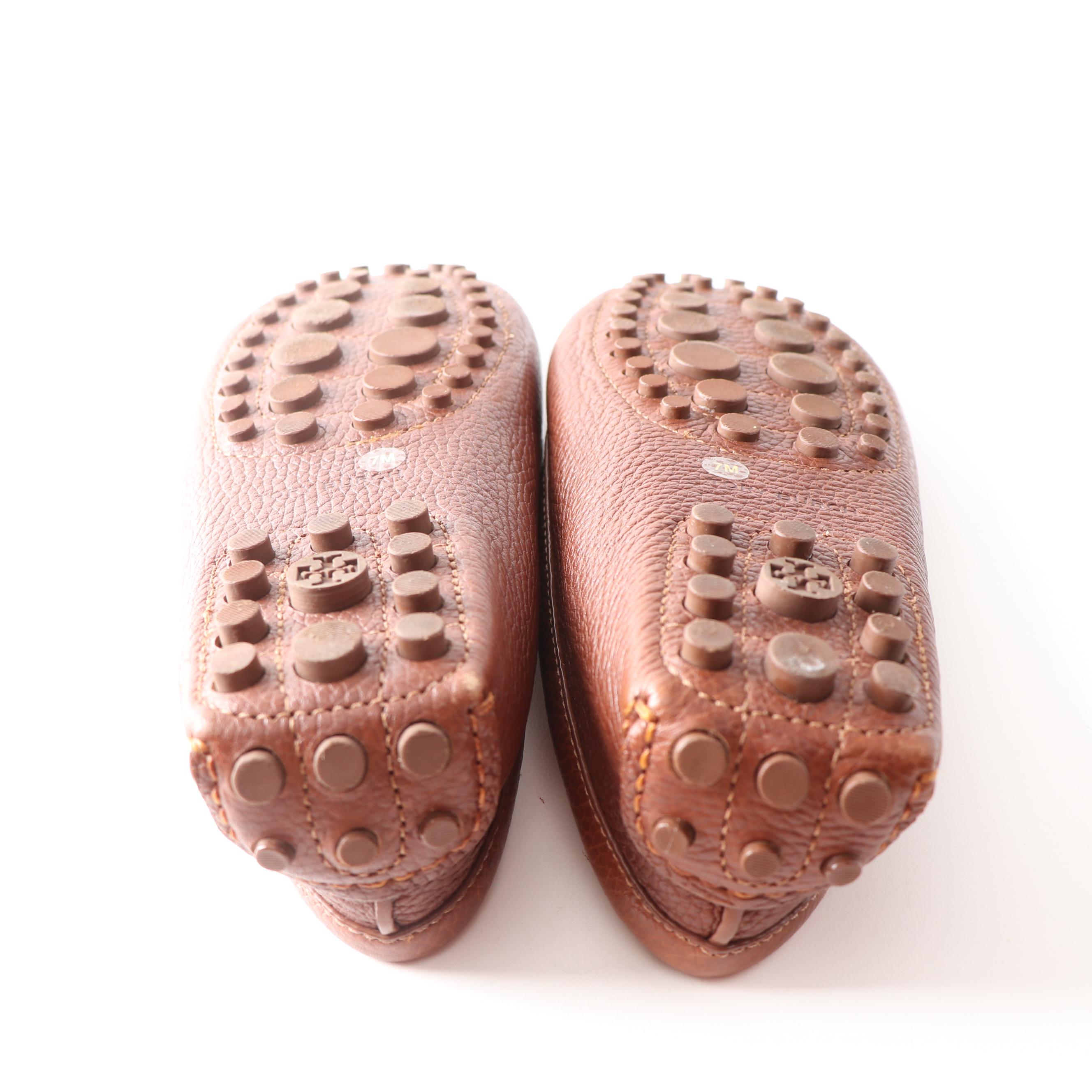 Tory Burch Romy Black Leather Ballet Flats Brown Pebbled Leather Driving Shoes