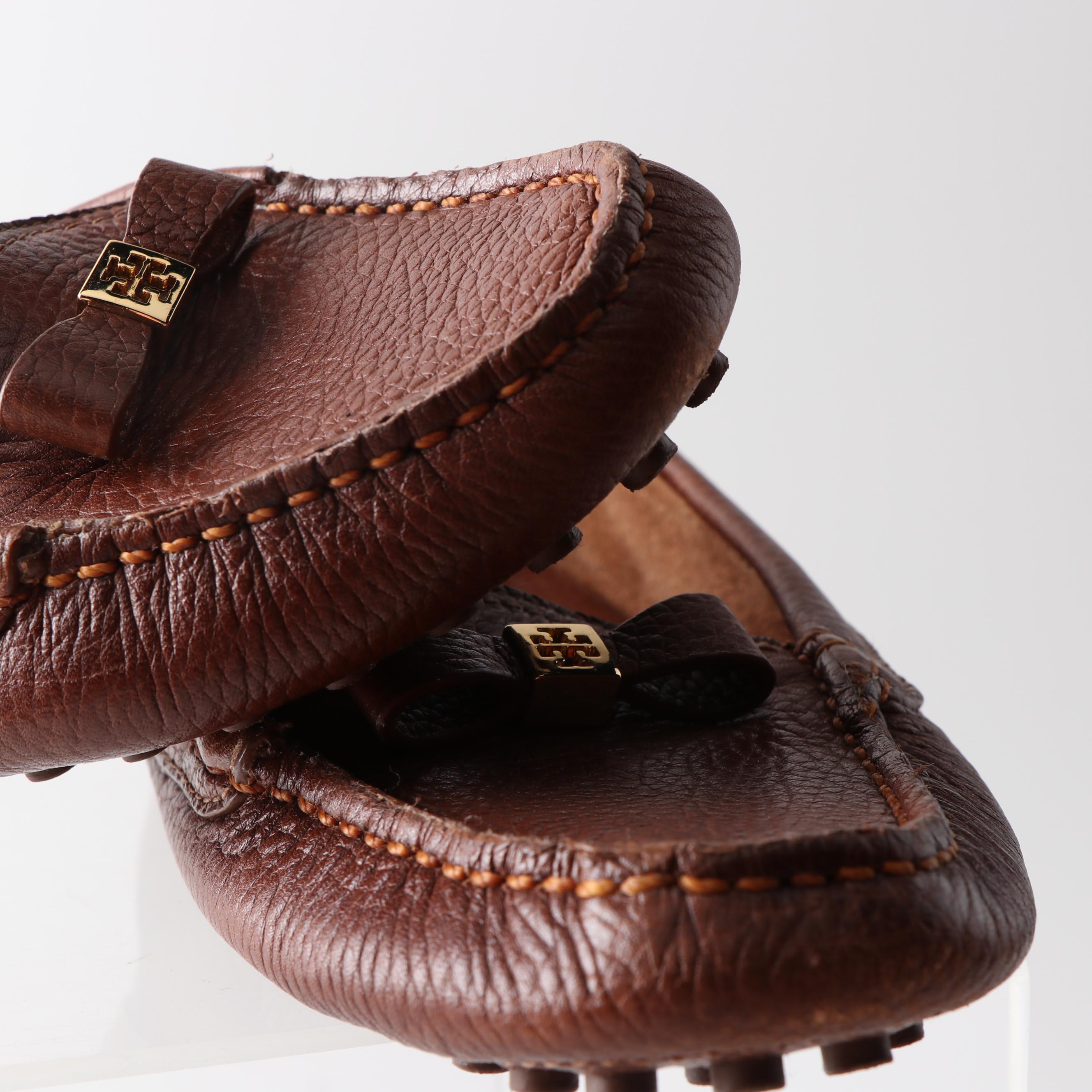 Tory Burch Romy Black Leather Ballet Flats Brown Pebbled Leather Driving Shoes