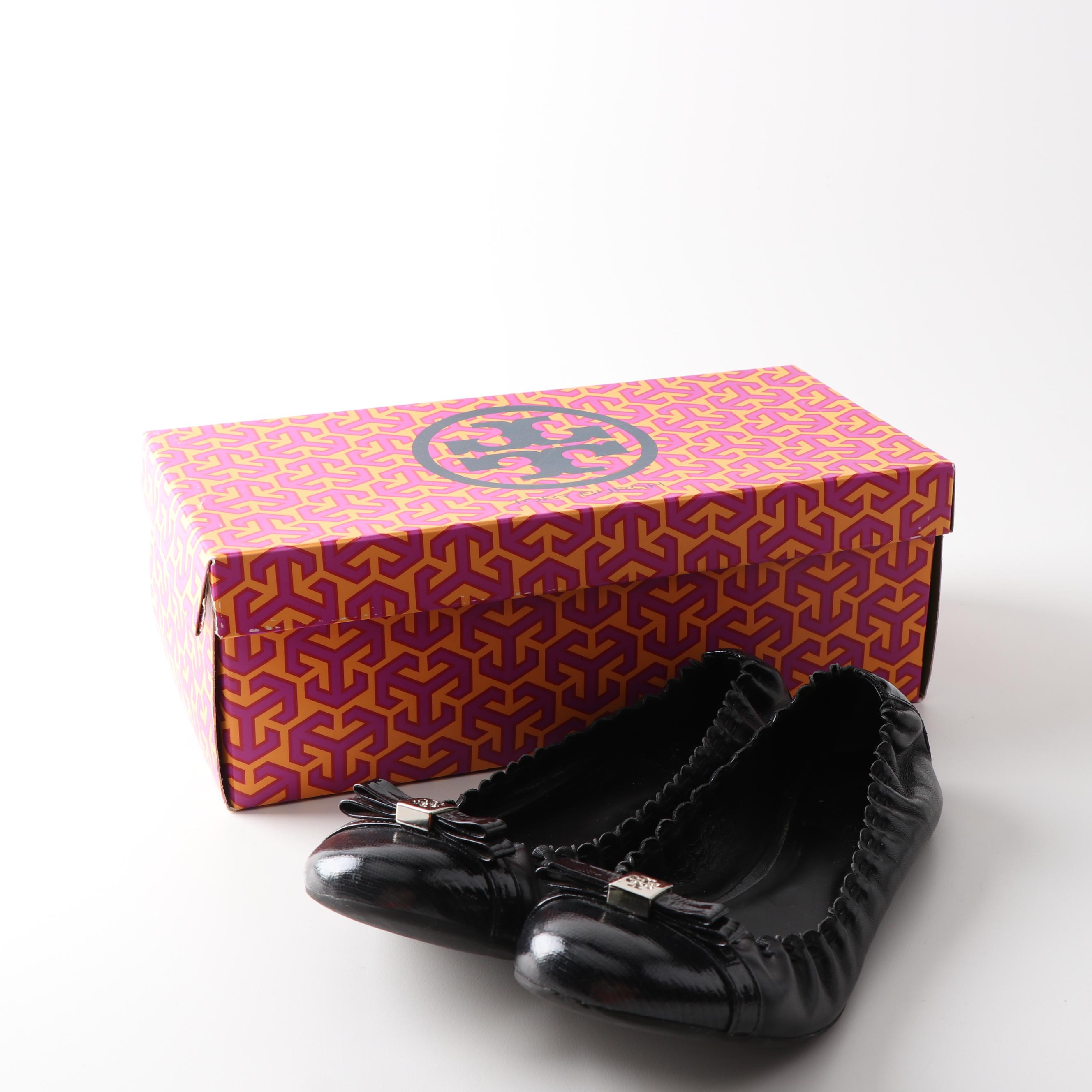 Tory Burch Romy Black Leather Ballet Flats Brown Pebbled Leather Driving Shoes