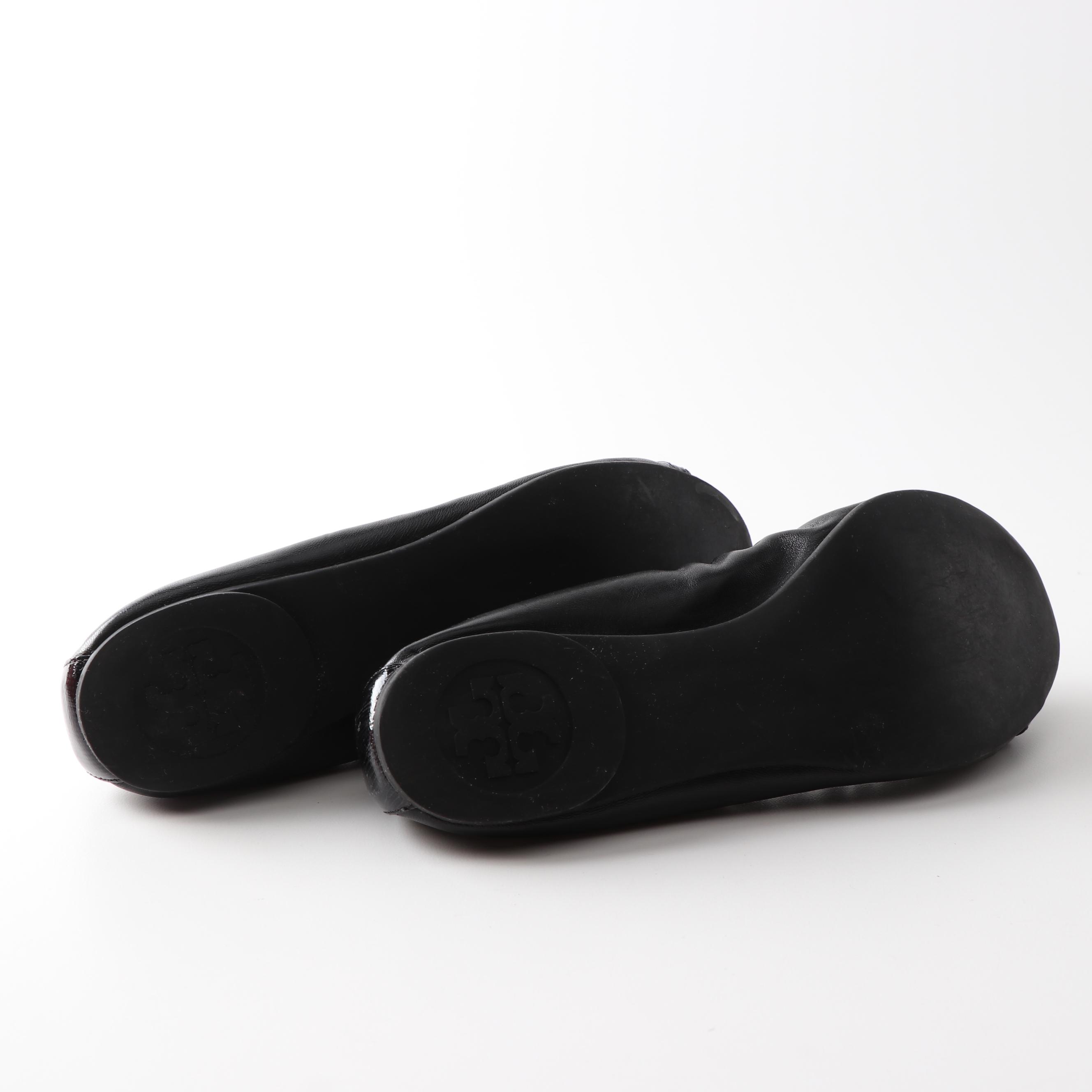 Tory Burch Romy Black Leather Ballet Flats Brown Pebbled Leather Driving Shoes
