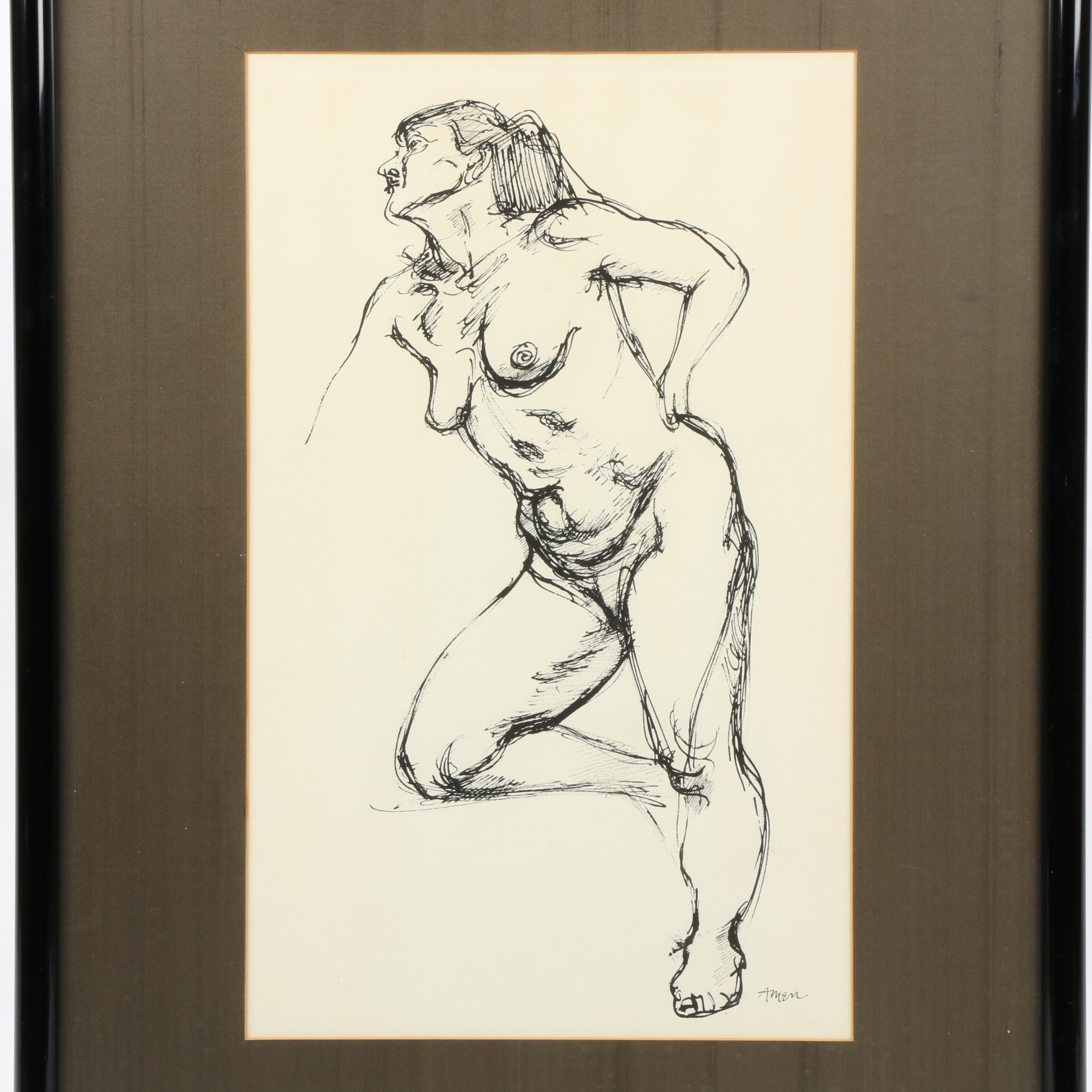 Irving Amen Figural Ink Drawing of Female Nude