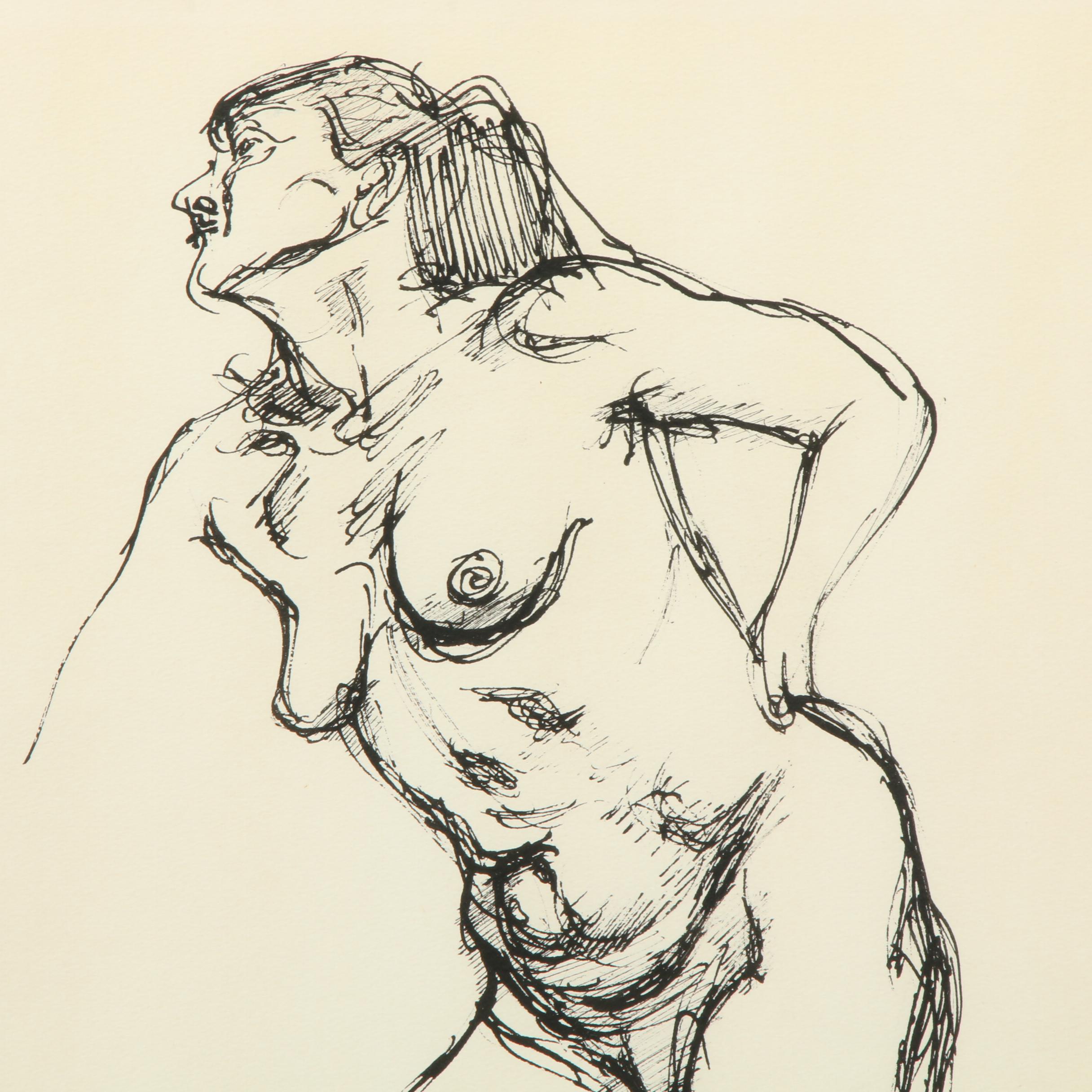 Irving Amen Figural Ink Drawing of Female Nude