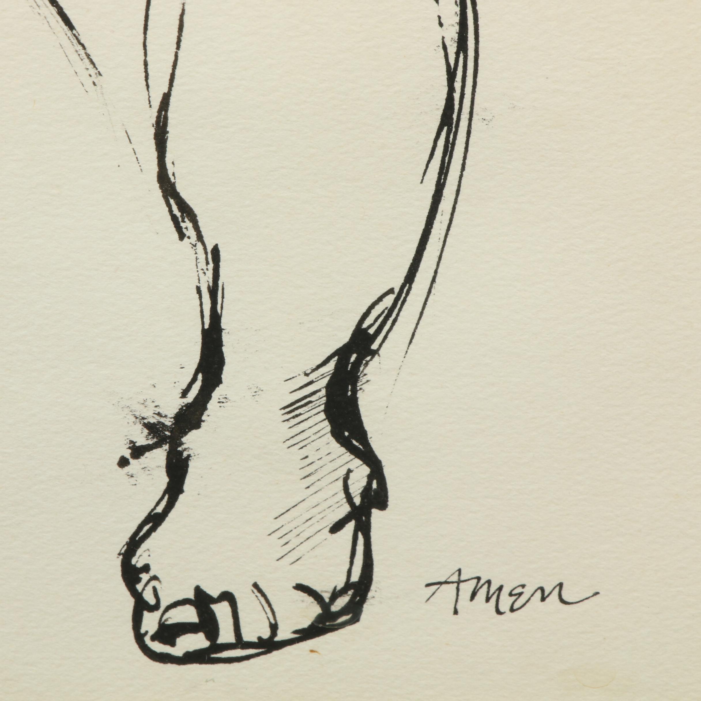 Irving Amen Figural Ink Drawing of Female Nude