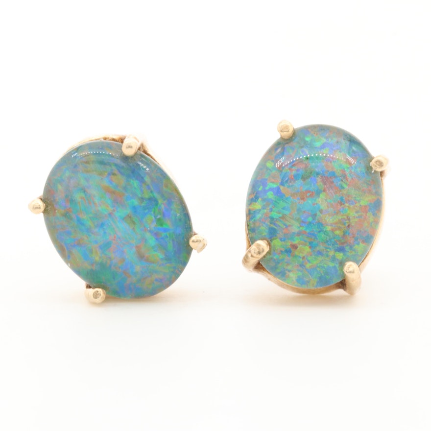 14K Yellow Gold Opal Triplet Button Earrings