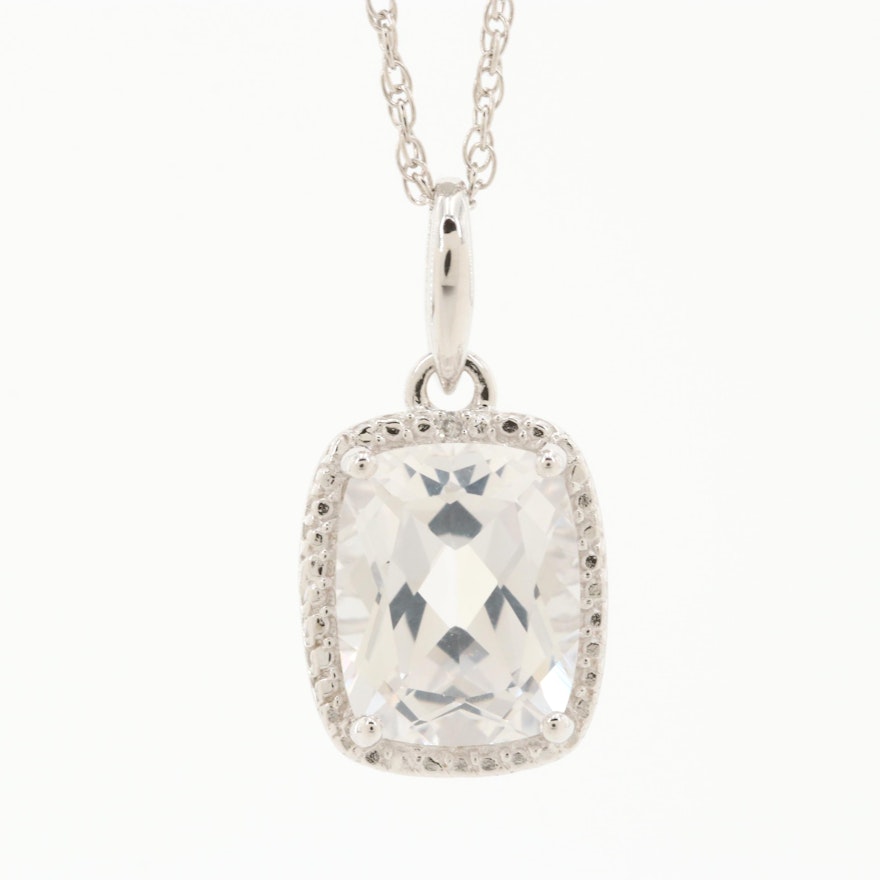 Sterling Silver Colorless Sapphire and Diamond Pendant Necklace