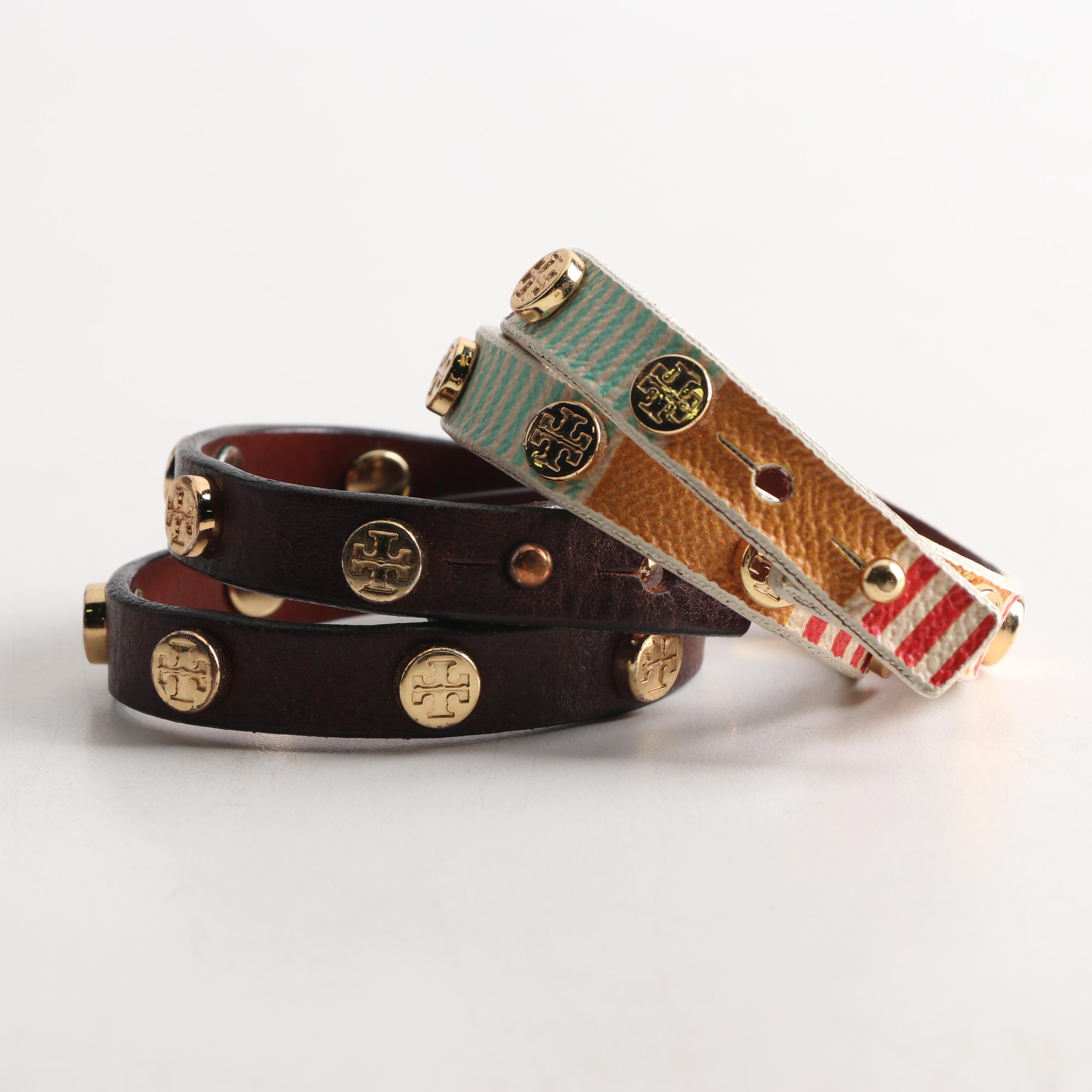 Tory Burch Double Wrap Logo Stud Leather Bracelets