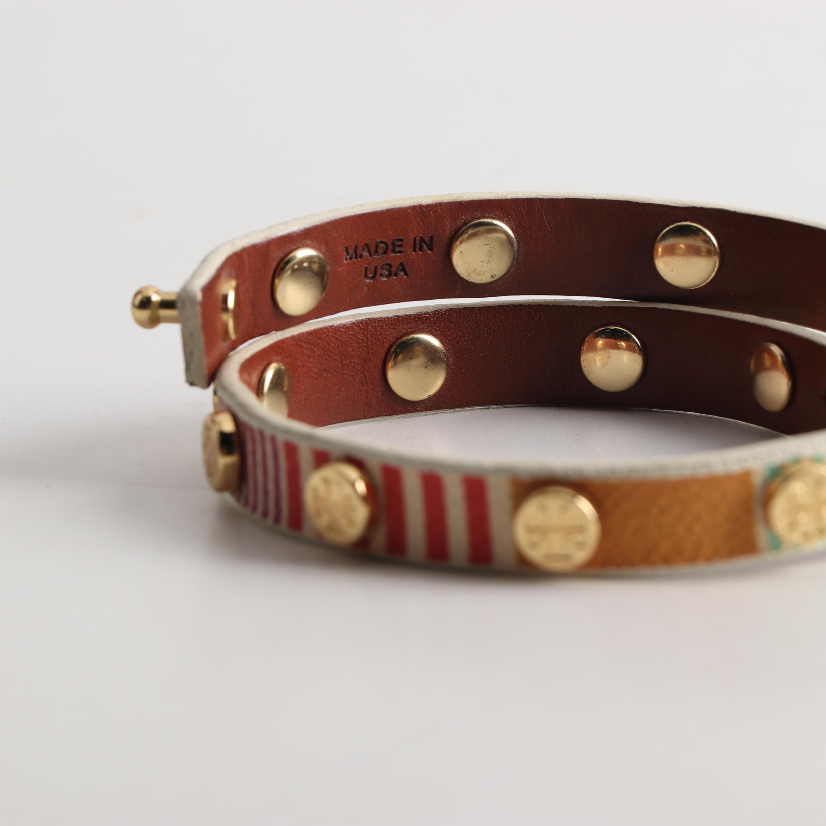 Tory Burch Double Wrap Logo Stud Leather Bracelets