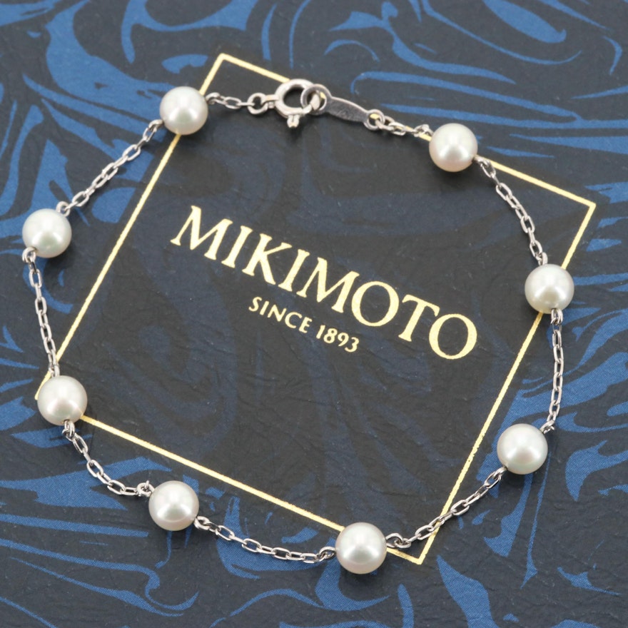 Mikimoto 18K White Gold Cultured Pearl Station Bracelet