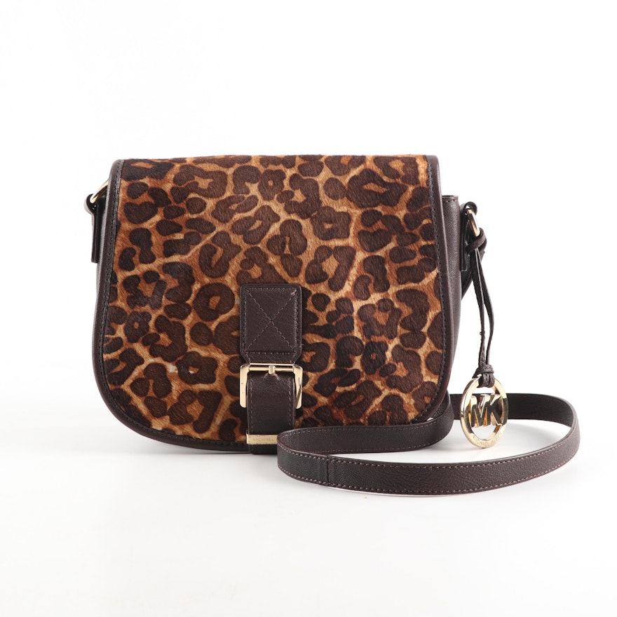 MICHAEL Michael Kors Leopard Print Pony Hair and Brown Leather Crossbody Bag