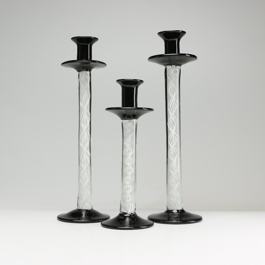 Blown Art Glass Candlesticks in the Style of Steuben
