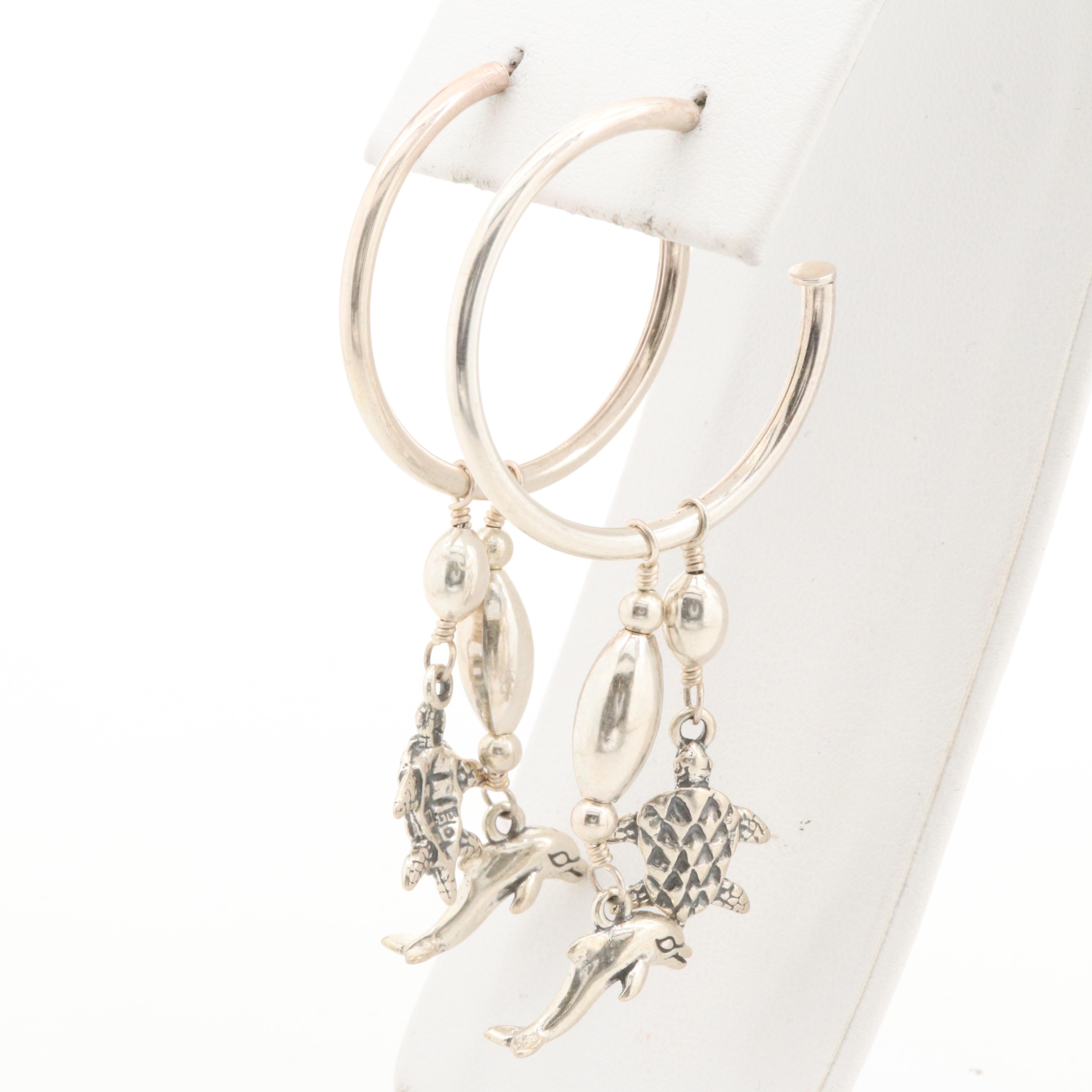 Kabana Sterling Silver Hoop Earrings with Dolphin and Turtle Dangles