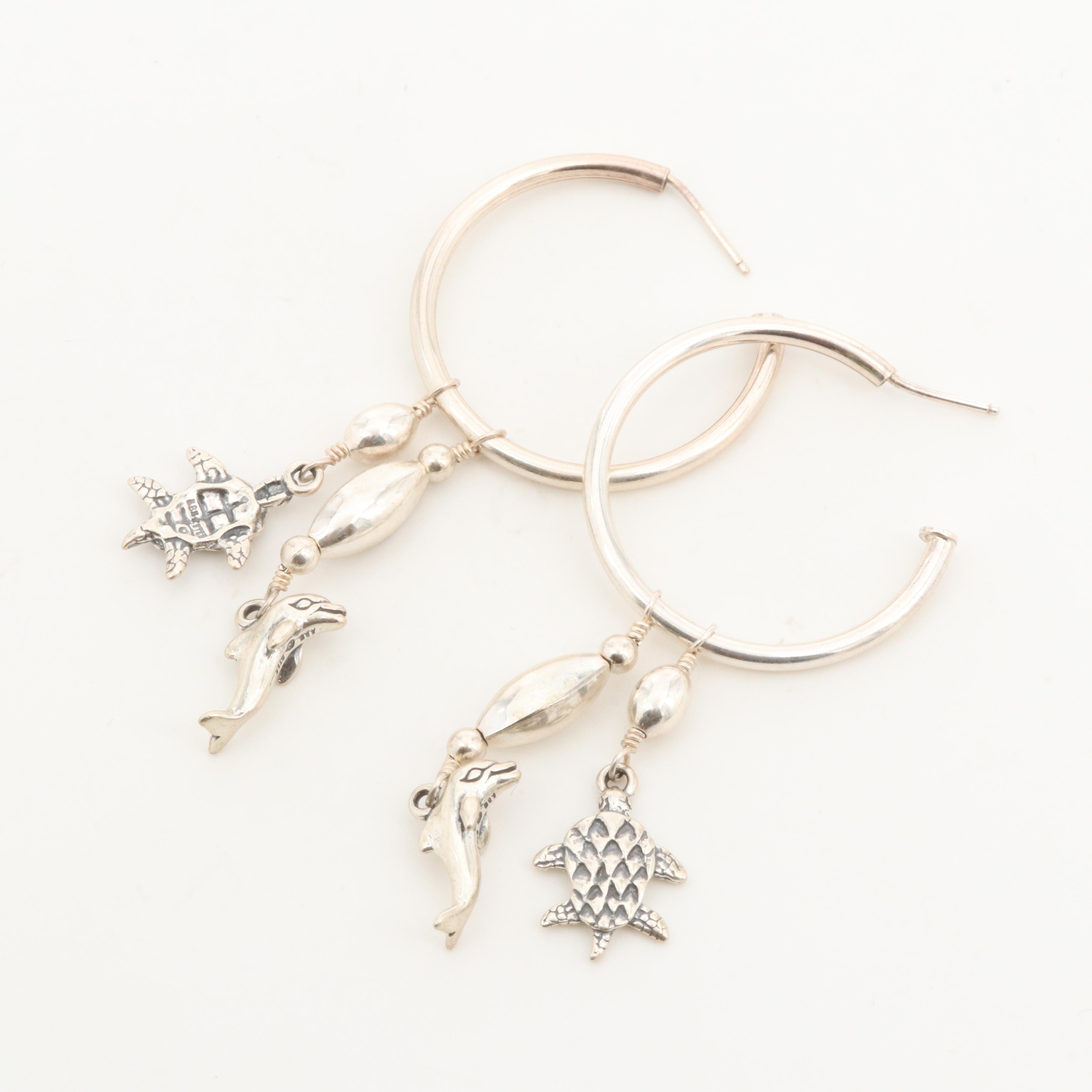 Kabana Sterling Silver Hoop Earrings with Dolphin and Turtle Dangles