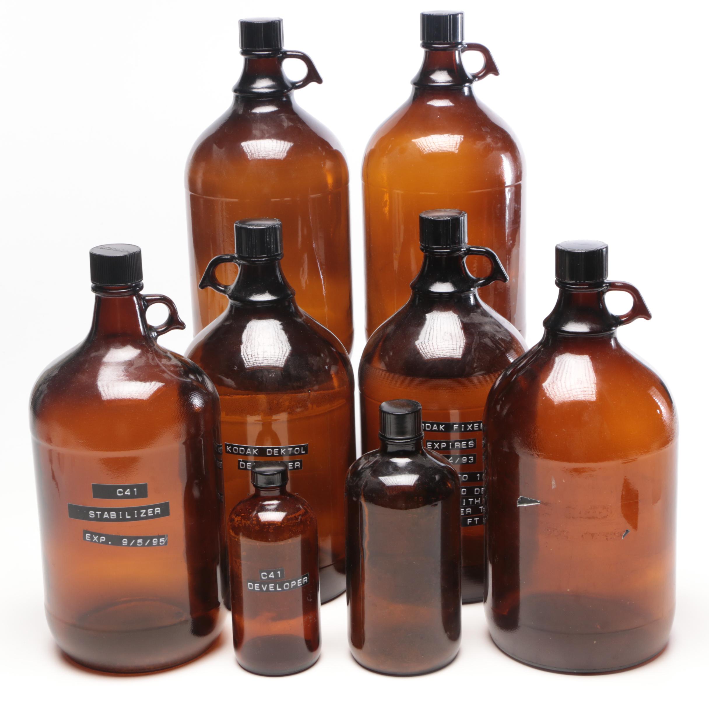 Amber Glass Chemical Bottles with Lids, Late 20th Century