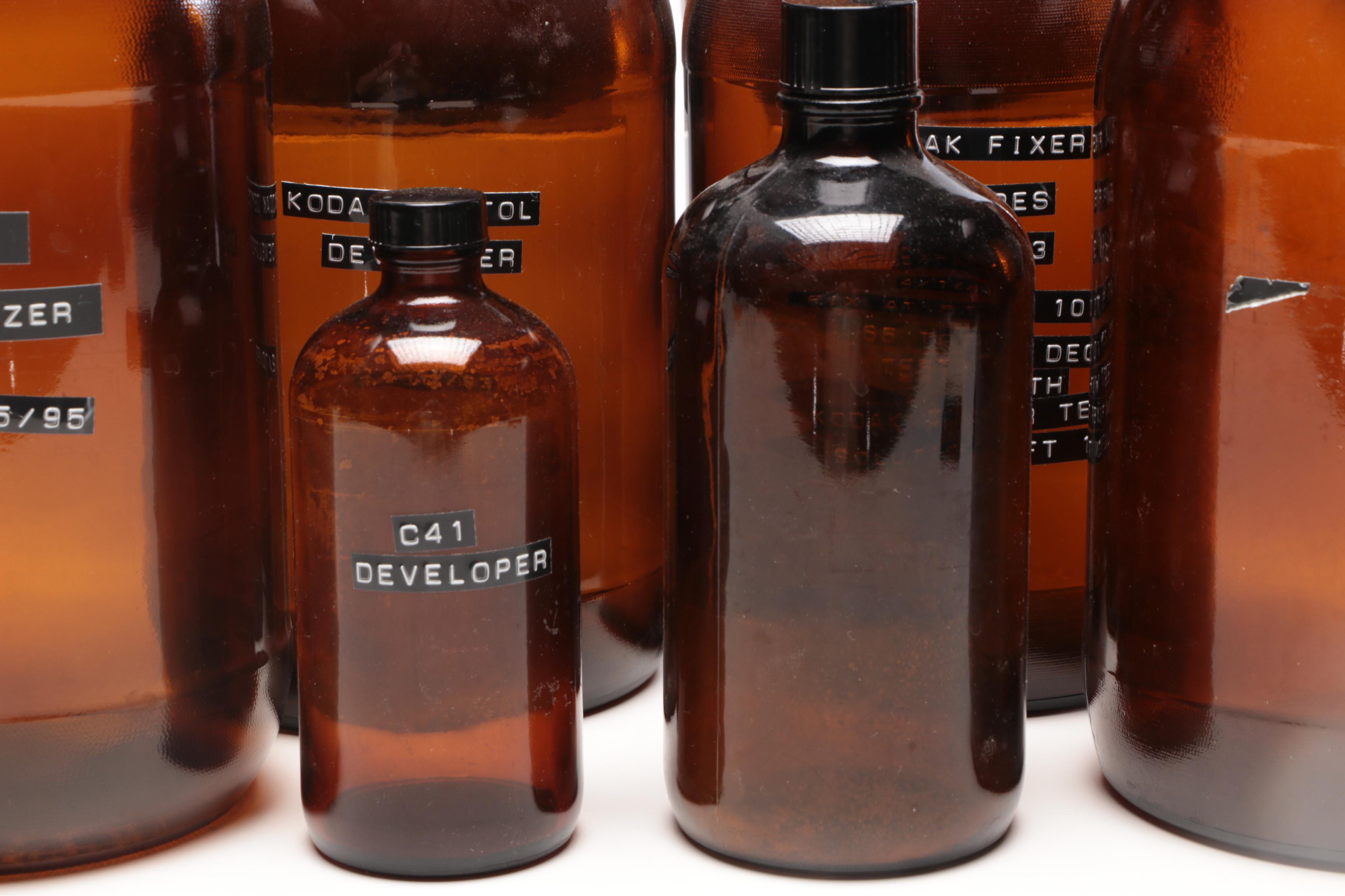 Amber Glass Chemical Bottles with Lids, Late 20th Century